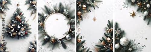 Christmas Cover Set with Elegant Christmas Tree and Wreath with Gold Ornaments. Classic festive decor
