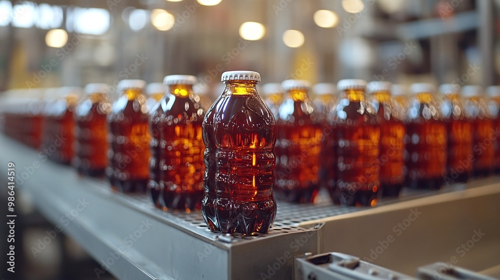 closeup view of a cola soda bottle on the bottling line inside a clean, light factory, focusing on the sugary drink production and industrial automation process