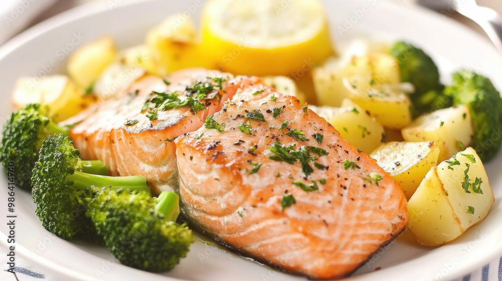 Grilled Salmon Fillet with Roasted Potatoes and Steamed Broccoli. Grilled Salmon Fillet with Roasted Potatoes and Steamed Broccoli.