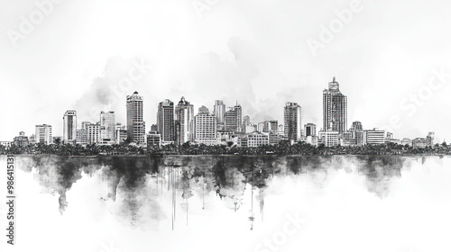 Santo Domingo, Dominican Republic, black and white pen pencil hand-drawn effect drawing illustration for travel poster, card, wallpaper, backdrop or banner. Modern, clear, artistic and simple