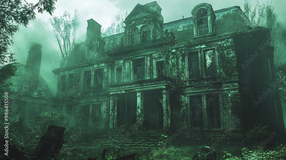 Abandoned mansion with broken windows and eerie green mist