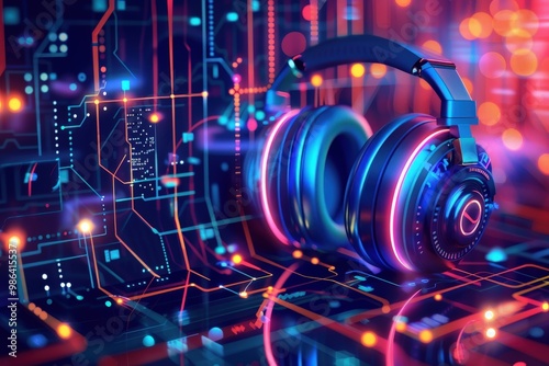 A pair of headphones is placed on a computer circuit board,generative ai image