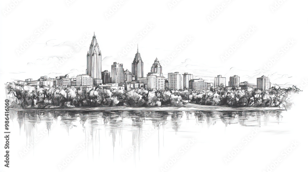 Fototapeta premium Saskatoon, Canada, black and white pen pencil hand-drawn effect drawing illustration for travel poster, card, wallpaper, backdrop or banner. Modern, clear, artistic and simple