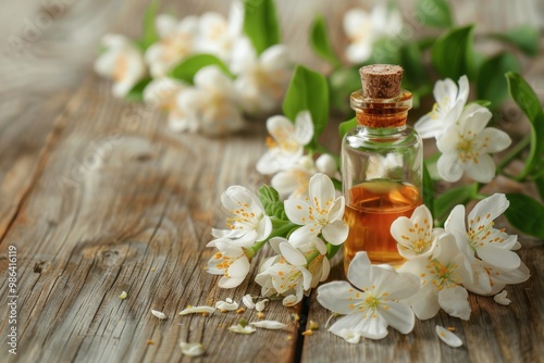 A bottle of perfume is on a wooden table next to some flowers, generative ai image