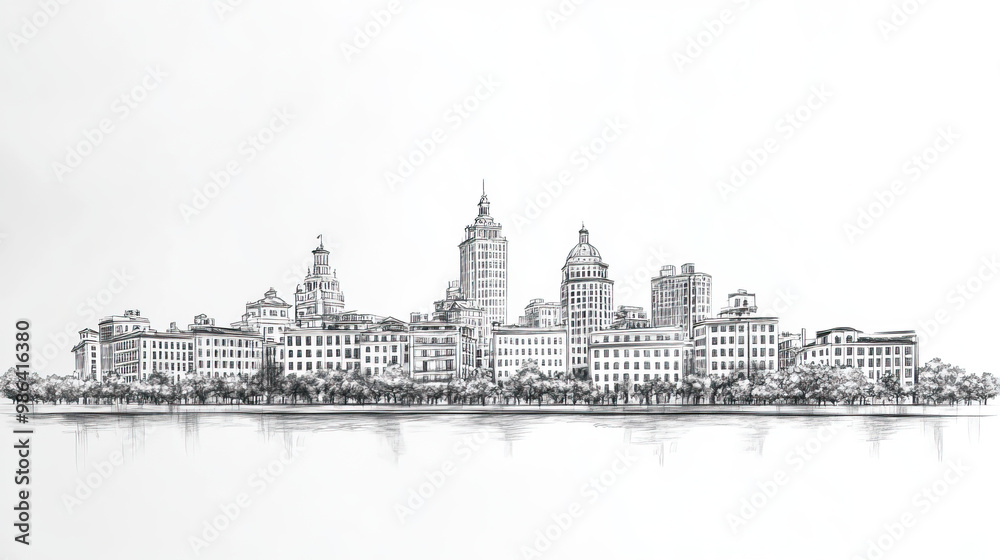 Fototapeta premium Savannah, Georgia, black and white pen pencil hand-drawn effect drawing illustration for travel poster, card, wallpaper, backdrop or banner. Modern, clear, artistic and simple