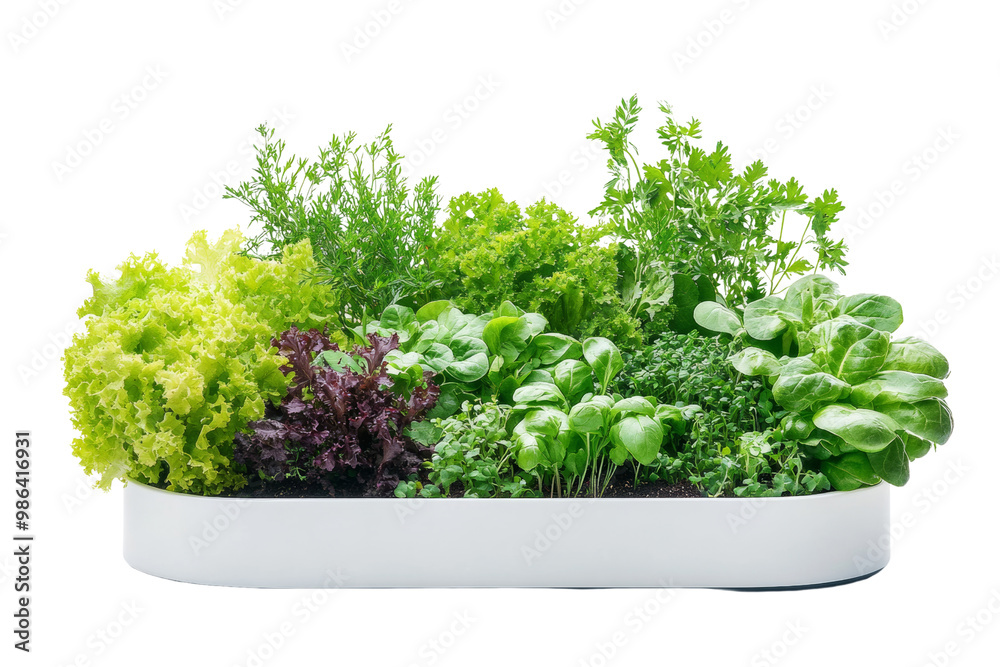 Fototapeta premium Wallmounted vertical garden system, modular and scalable, ecoconscious design, on solid white background, single object.,,Isolated on transparent background