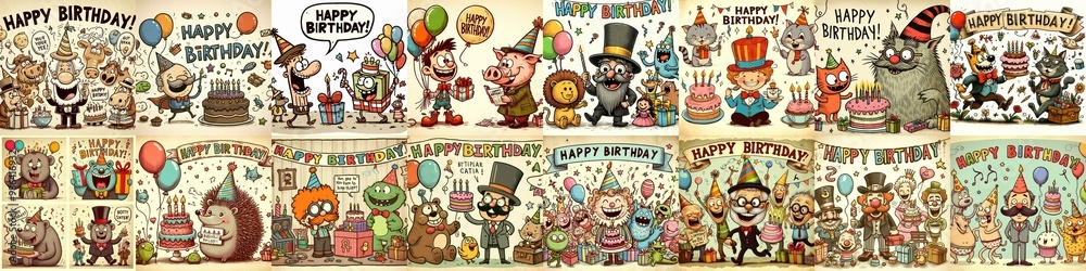 Obraz premium Vintage cartoon Happy Birthday. AI generated illustration