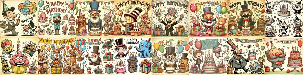 Fototapeta premium Vintage cartoon Happy Birthday. AI generated illustration