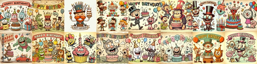 Fototapeta premium Vintage cartoon Happy Birthday. AI generated illustration