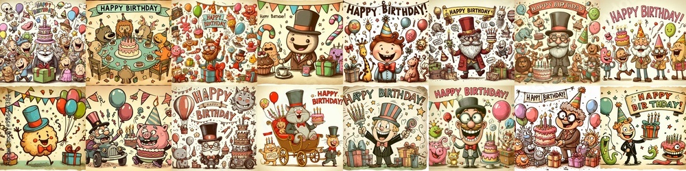 Naklejka premium Vintage cartoon Happy Birthday. AI generated illustration