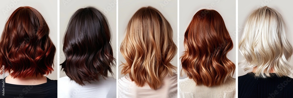 Fototapeta premium Hair of different shades of brunette, blonde, chestnut and red. Woman collage back view of short hair haircut hairstyles