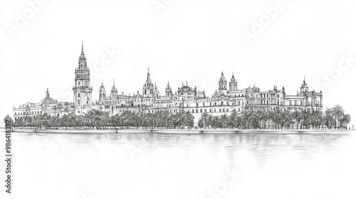 Seville, Spain, black and white pen pencil hand-drawn effect drawing illustration for travel poster, card, wallpaper, backdrop or banner. Modern, clear, artistic and simple