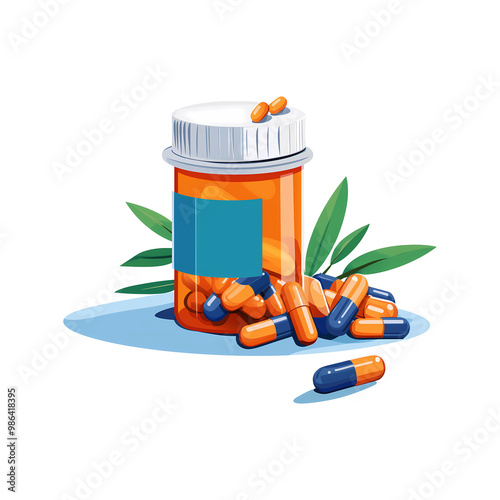 Illustration of Medicine Bottle with Spilled Capsules, Healthcare and Treatment Concept. Transparent background.
