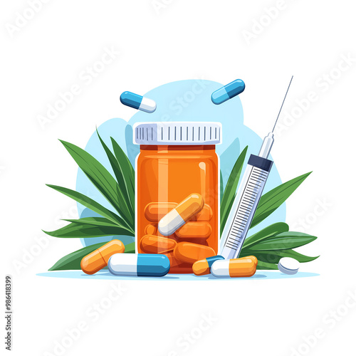 Illustration of Medicine Bottle with Capsules and Syringe, Healthcare Concept. Transparent background.
