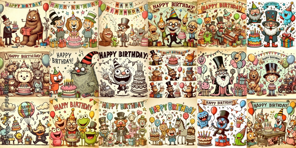 Obraz premium Vintage cartoon Happy Birthday. AI generated illustration