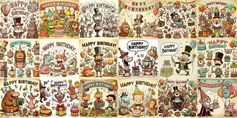 Fototapeta premium Vintage cartoon Happy Birthday. AI generated illustration