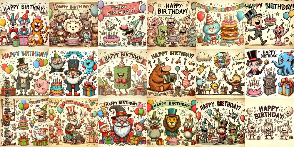 Obraz premium Vintage cartoon Happy Birthday. AI generated illustration