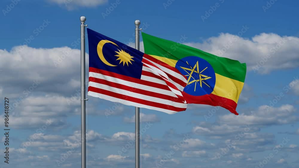 Ethiopia and Malaysia flags flying together, video concept of the relationship, two country relations concept
