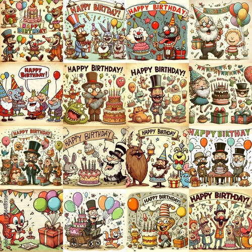 Vintage cartoon Happy Birthday. AI generated illustration