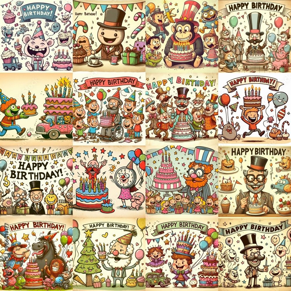 Naklejka premium Vintage cartoon Happy Birthday. AI generated illustration