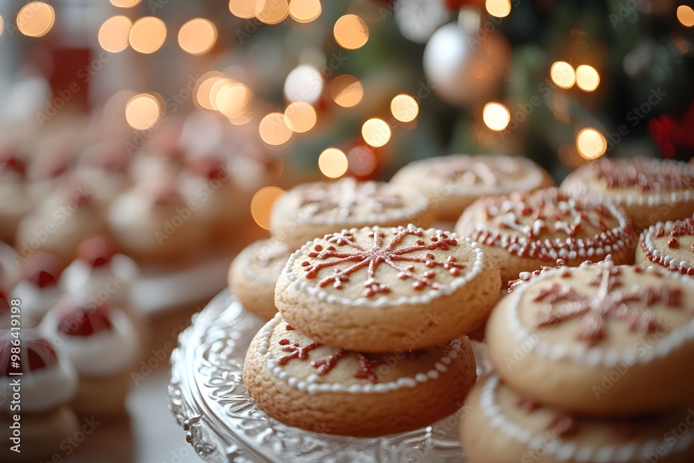 Close-up of Delicious Christmas Cookies with Blurred Holiday Close-up of Delicious Christmas Cookies with Blurred Holiday