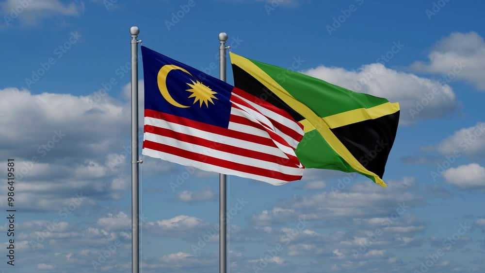 Jamaica and Malaysia flags flying together, video concept of the relationship, two country cooperation concept Jamaica and Malaysia flags flying together, video concept of the relationship, two country cooperation concept