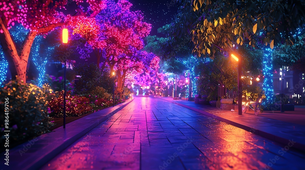 A mesmerizing night scene with colorful illuminated trees lining a serene pathway creating a magical ambiance. A mesmerizing night scene with colorful illuminated trees lining a serene pathway creating a magical ambiance.