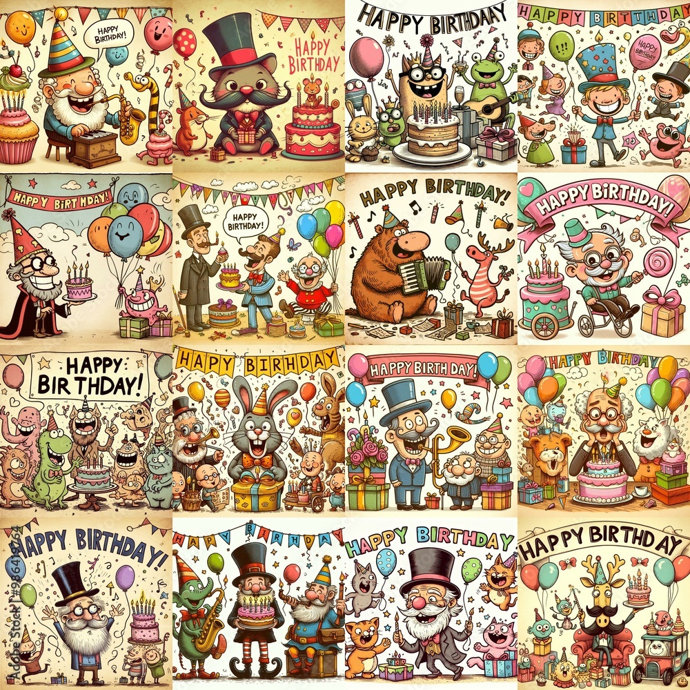 Naklejka premium Vintage cartoon Happy Birthday. AI generated illustration