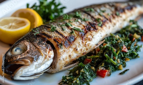 Grilled fish, lemon, and greens on a plate.