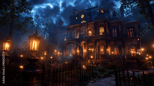 Haunted mansion with eerie lights and flickering candles