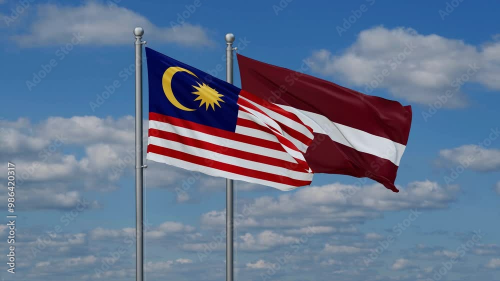 Latvia and Malaysia flags flying together, video concept of the relationship, two country cooperation concept Latvia and Malaysia flags flying together, video concept of the relationship, two country cooperation concept