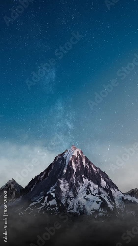 Snowy mountain with clouds and starry blue sky vertical looping animation abstract background
