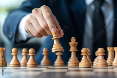 Businessman Moving Chess Piece on Chessboard, Strategic Planning Concept 