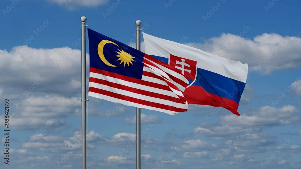 Slovak Republic or Slovakia and Malaysia flags flying together, video concept of the relationship, two country cooperation concept