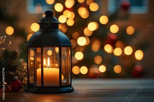 Cozy Christmas lantern with candle and blurred holiday lights in the background