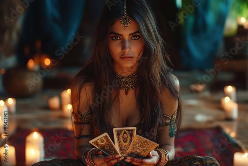 A young woman in traditional Indian attire holds tarot cards in a dimly lit room with candles.