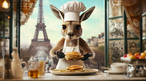A kangaroo wearing a chef's hat and apron, flipping pancakes in a fancy Parisian café with the Eiffel Tower in the background