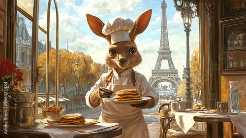 A kangaroo wearing a chef's hat and apron, flipping pancakes in a fancy Parisian café with the Eiffel Tower in the background