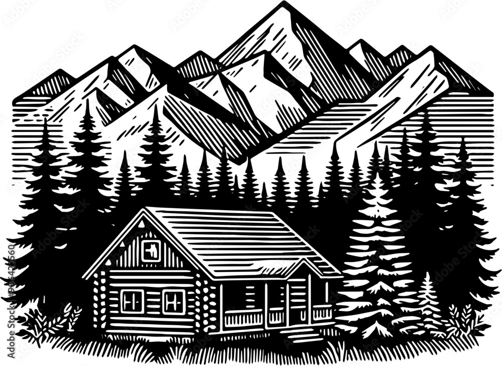 silhouette a log cabin with a triangular roof, surrounded by pine trees. with a range of mountains with prominent peaks. silhouette a log cabin with a triangular roof, surrounded by pine trees. with a range of mountains with prominent peaks.