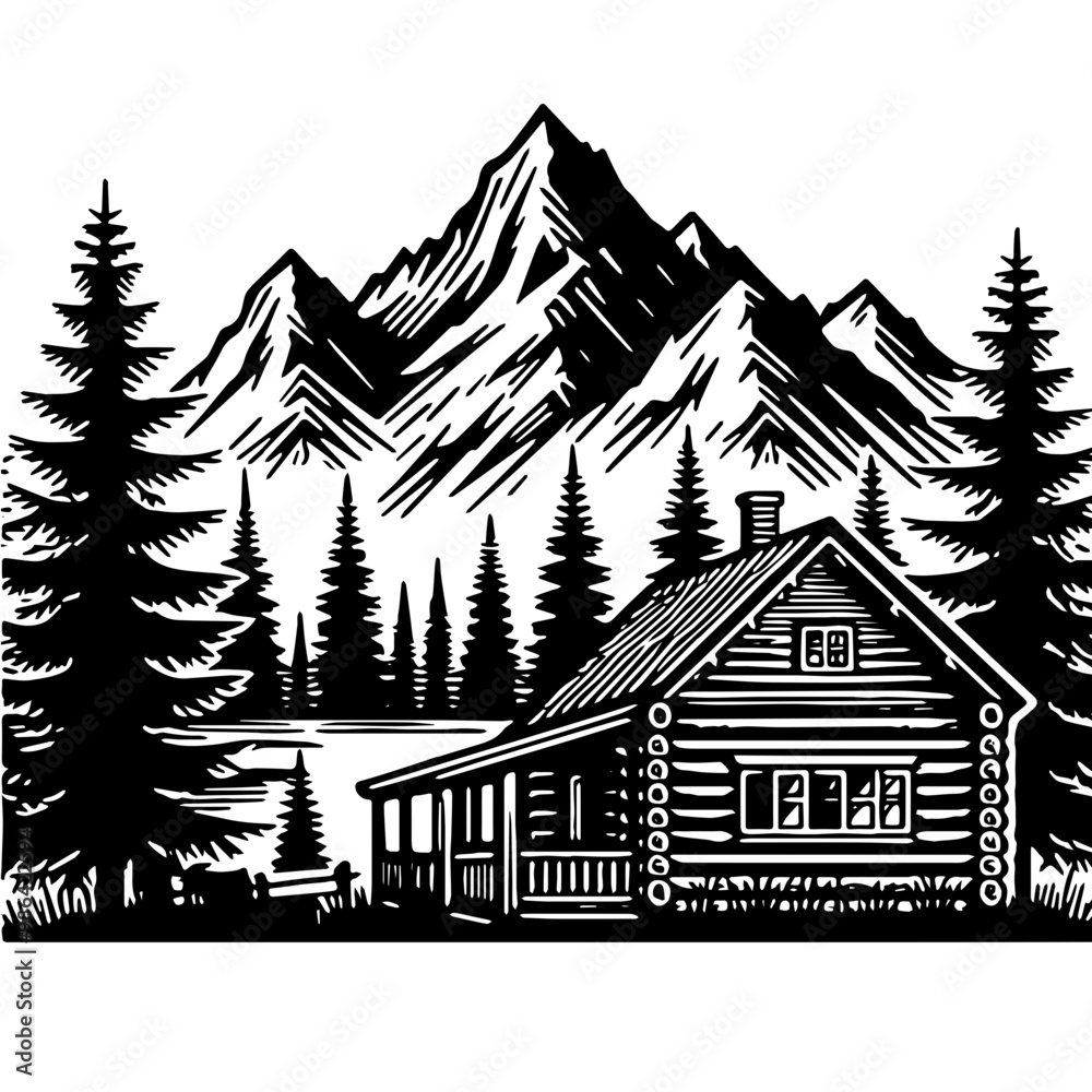 silhouette a log cabin with a triangular roof, surrounded by pine trees. with a range of mountains with prominent peaks. silhouette a log cabin with a triangular roof, surrounded by pine trees. with a range of mountains with prominent peaks.