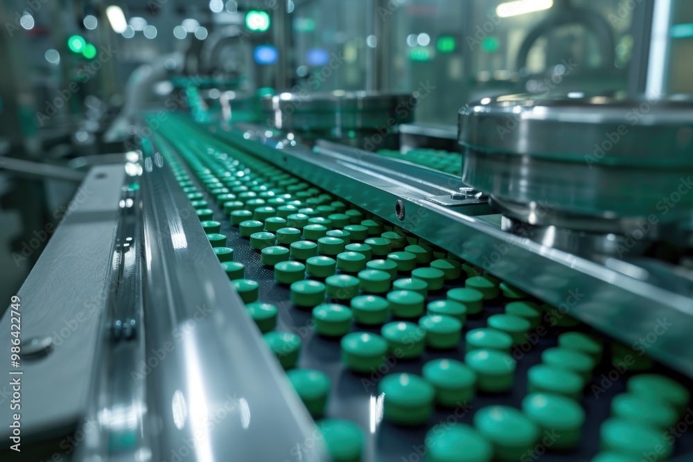 Fototapeta premium Green capsule medicine pill production line Industrial pharmaceutical concept