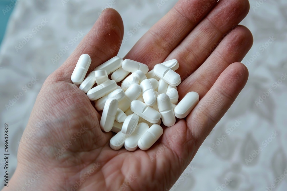 Hand holding pills for medical treatment and vitamins. Close up. Hand holding pills for medical treatment and vitamins. Close up.