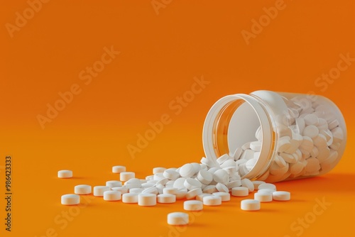 Large white pills spill out of a white jar on an orange background photo