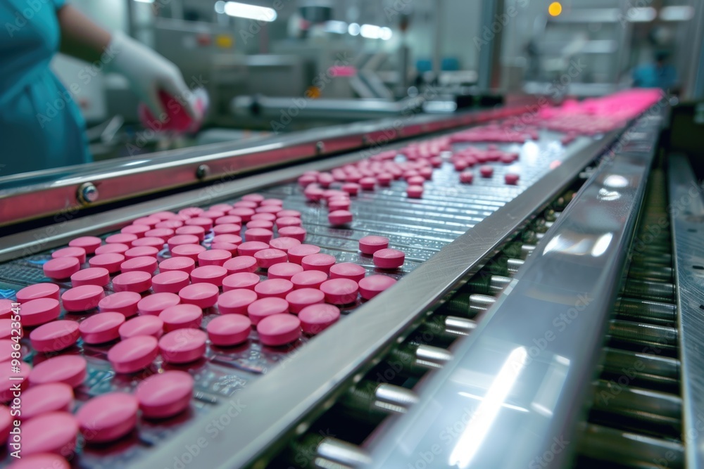 Fototapeta premium Pink pill production in modern pharmaceutical factory.