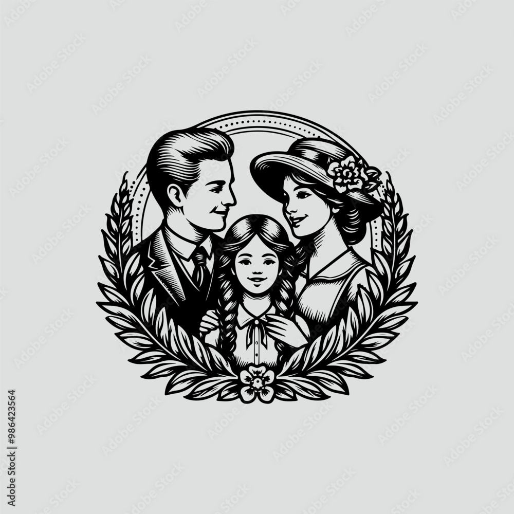 Obraz premium happy family vintage logo.. Happy fathers day, Happy mothers day, happy family day line art illustration