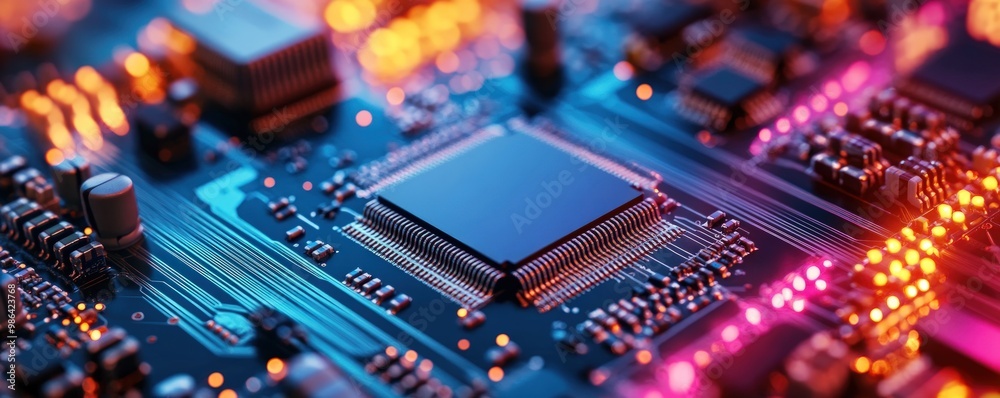 Obraz premium Close-up of a circuit board with a blue chip and red and yellow lights.