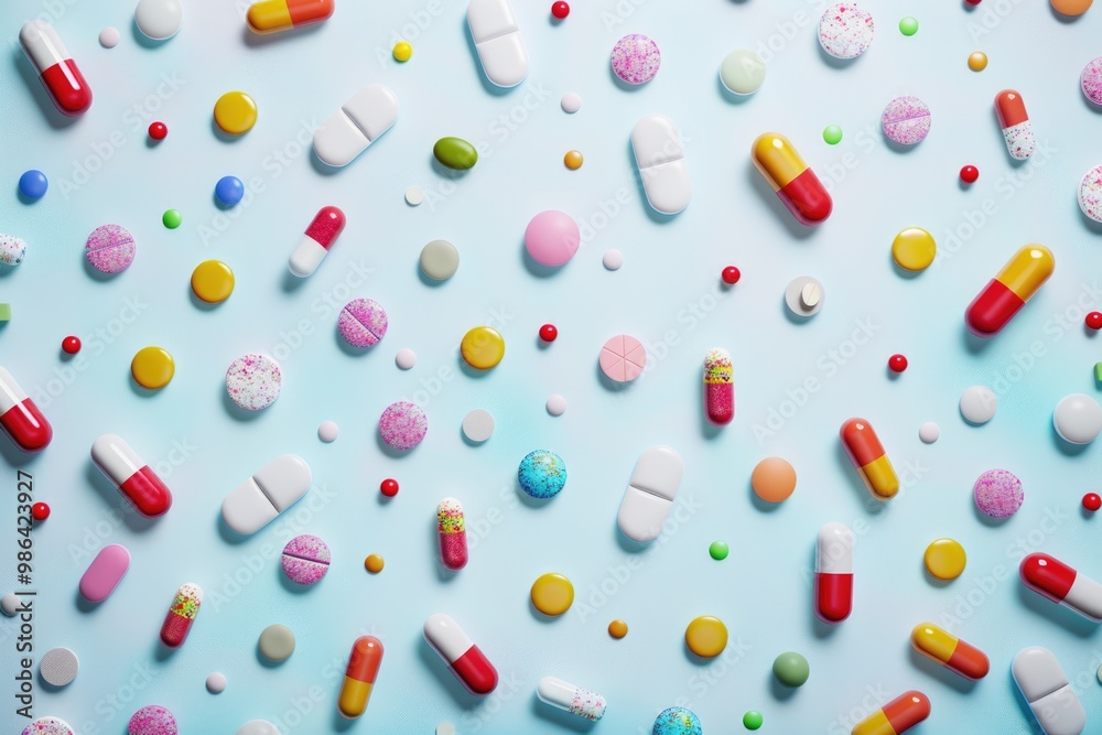 Many different colorful medication and pills from above Many different colorful medication and pills from above