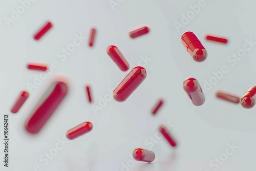 Many pills falling on white background. Four capsules in air