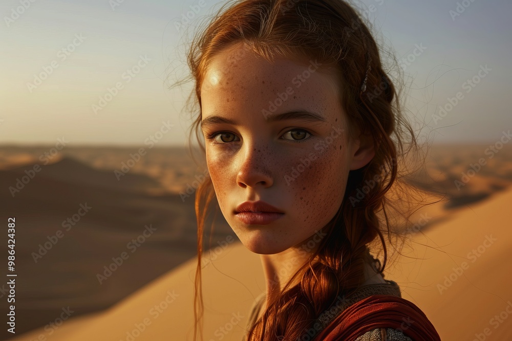 A powerful image capturing a dark-eyed teenage girl with mahogany-colored hair, standing against the vast dunes of the Empty Quarter. The warm desert hues and the girl's contemplative