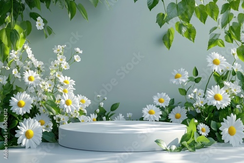 White podium with flower arrangement for product display.